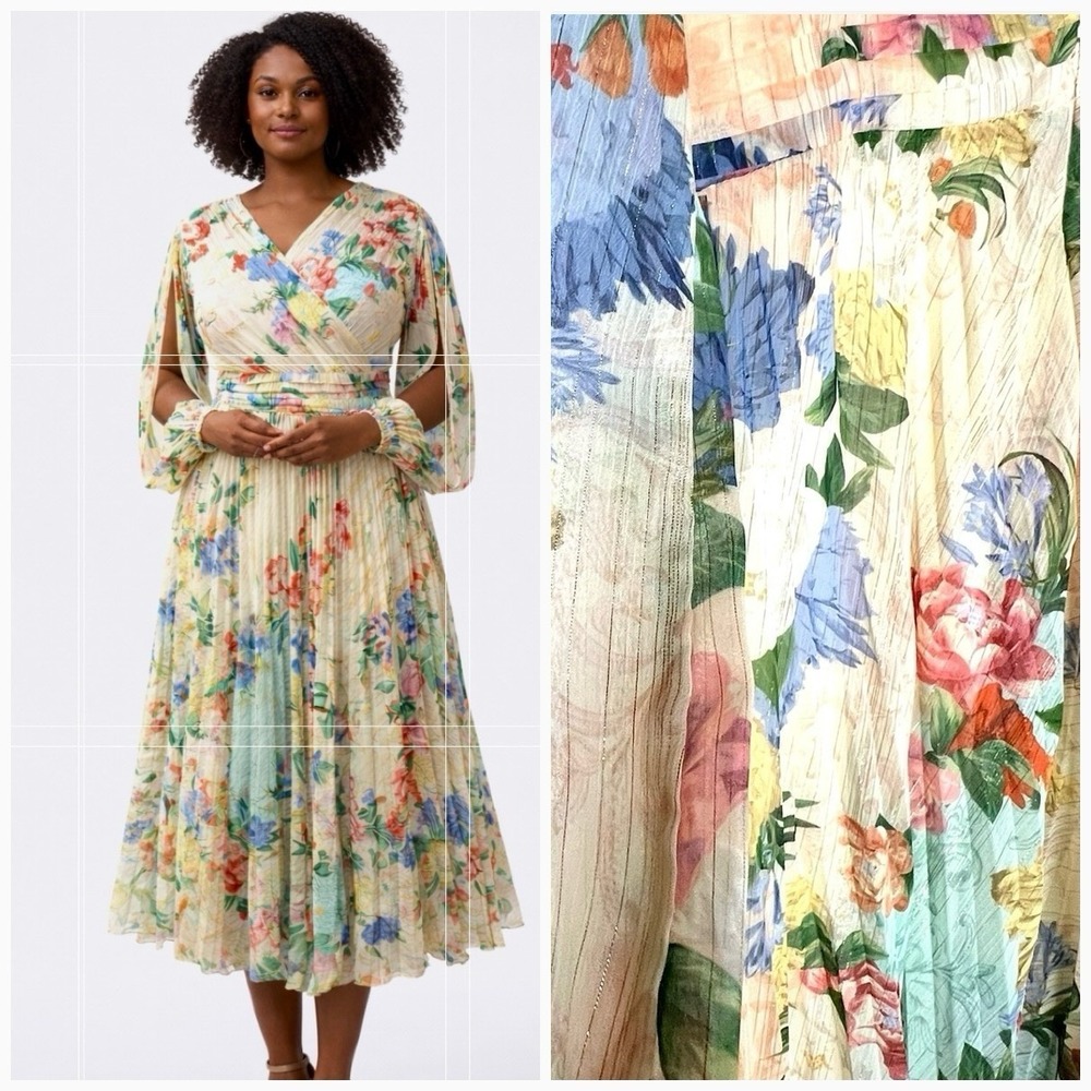 Floral Chiffon Pleated Split-Sleeves Fit-Flare Woman's Dress Sz 6 B34~W28~NWOT